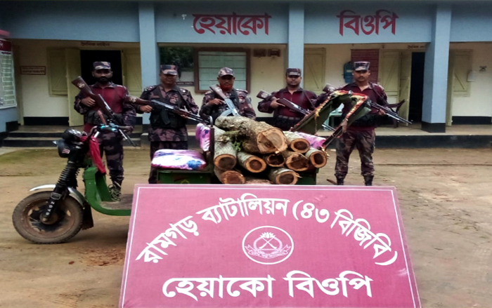 অবৈধ গোল কাঠ ও অটোরিক্সা জব্দ রামগড় ৪৩ বিজিবির